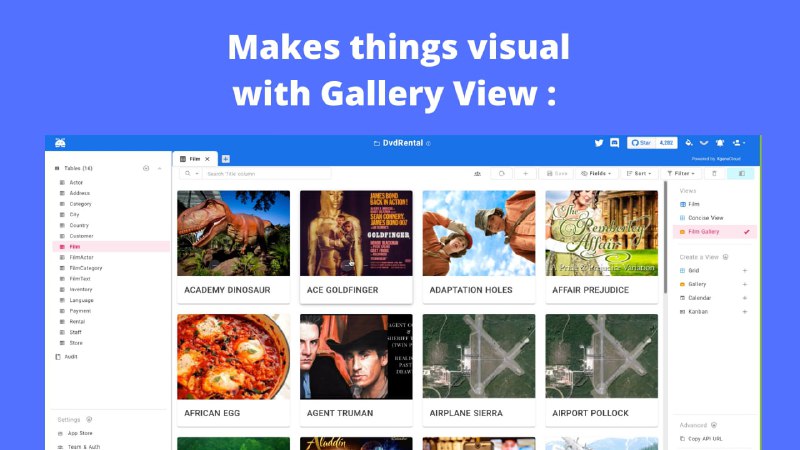 NocoDB：Airtable的开源替代品，将 MySQL、PostgreSQL、SQL Server、SQLite 或 MariaDB 转换为在线智能电子表格特征丰富的电子表格界面1.轻松搜索、排序、过滤、隐藏列2.创建视图：网格、画廊、看板、表格3.共享视图：公共和密码保护4.个人和锁定视图5.将图像上传到单元格（适用于 S3、Minio、GCP、Azure、DigitalOcean、Linode、OVH、BackBlaze）6.角色：所有者、创建者、编辑者、查看者、评论者、自定义角色