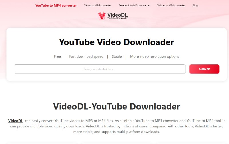 #下载·视频 #极客下载站点名称: VideoDL描述: VideoDL 是一款免费、快速且稳定的在线 YouTube 视频下载器，允许将 YouTube 视频转换为最高质量的 MP4 或 MP3