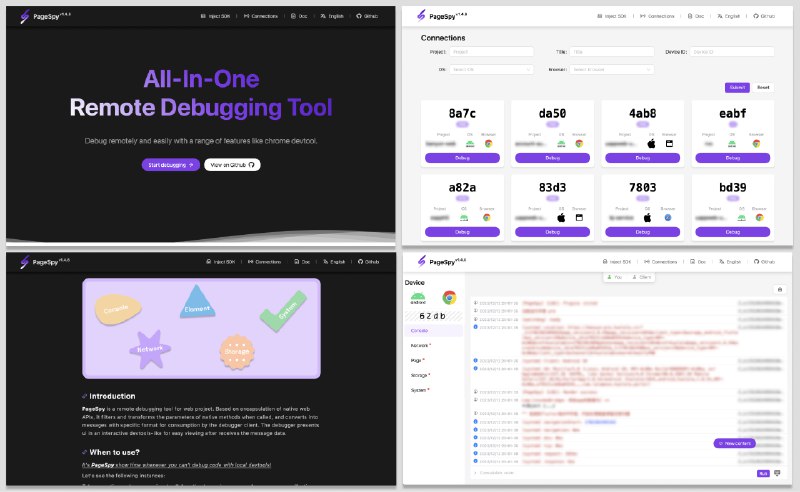 PageSpy 是一款用来调试 Web / 小程序 / 鸿蒙 APP 等平台项目的工具