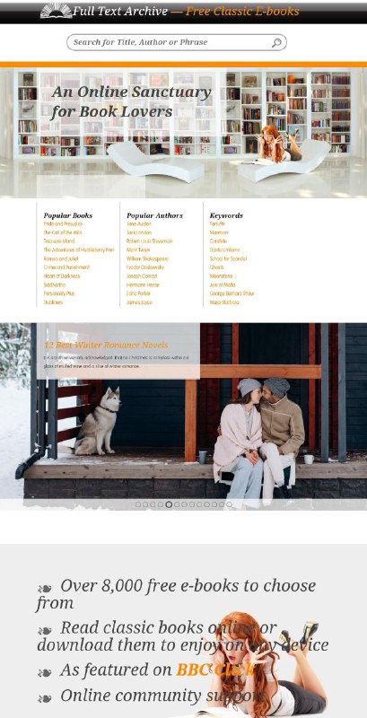 Full Text Archive，免费下载公共版权图书，英文书较多，8000+本，可以在线按章节阅读，也可以下载书籍pdf，不过优化有点问题，打开速度差一点，有检索但是没有分类功能 #电子书