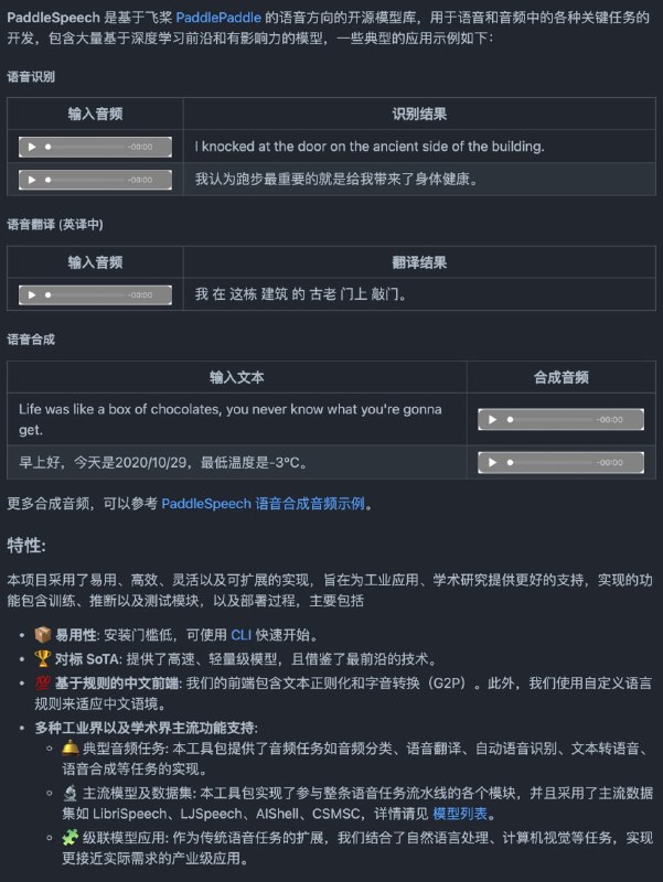 百度在 GitHub 开源了一个语音合成与识别工具箱：PaddleSpeech，通过一行代码，即可快速实现中英文语音识别、合成、翻译等功能