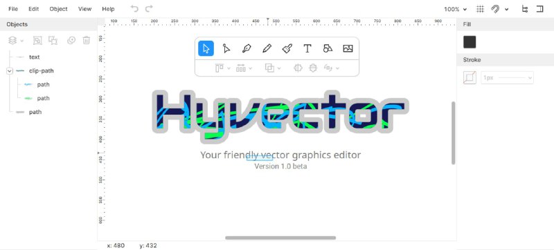 #SVG Hyvector 在线矢量图编辑器，支持创建和编辑 SVG 格式图形，提供基本的绘图工具，如矩形、圆形、线条、路径和文本，支持图层管理、颜色选择、路径编辑、对齐和分布等功能，适合快速制作图标、插图和 UI 元素，生成的 SVG 文件可直接下载，免费使用，无需注册