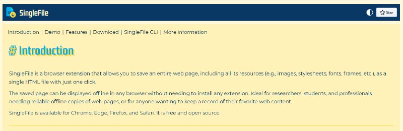 #插件 #HTML #开源  SingleFile 将完整网页 (图片、脚本、CSS 等) 保存为单一 HTML 文件的插件，便于离线访问和长期存档，支持自动保存、批量保存、注释和清理页面内容、加载延迟资源、保存为自解压 ZIP 文件等，需要归档留存网页的必备，免费使用，无需注册