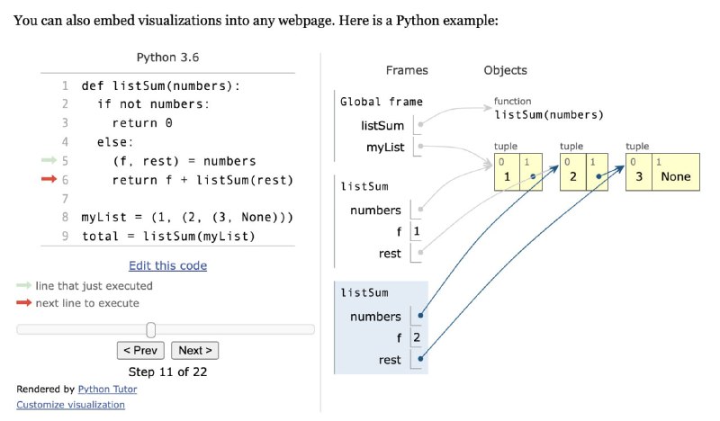 代码 #可视化 网站：Python Tutor，可将代码按执行步骤，分段可视化展示，并允许将可视化代码内嵌到网站上