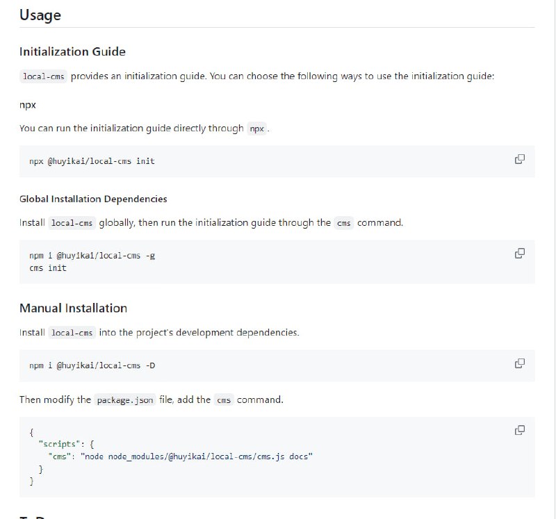 Local-CMS：用于管理本地Markdown文件的管理系统，提供了命令行界面和编辑实时预览功能，可以实现文件和文件夹的添加、删除、修改和搜索操作，还支持在实时保存的同时进行编辑，并提供了Vitepress主题样式编辑器