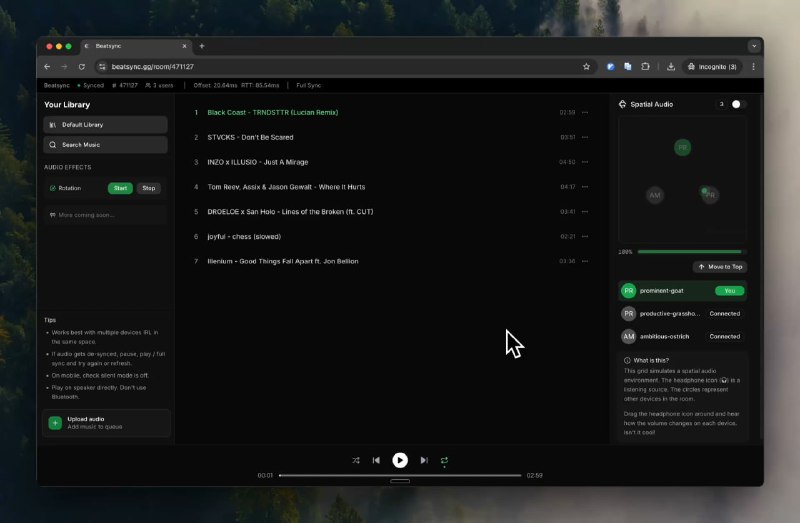 #同步 #一起听 #开源 Beatsync 多设备音频同步播放工具，采用 NTP 风格的时间同步机制，实现毫秒级音频同步，可创建房间或输入密码加入房间，适用于多人一起听歌和环绕音效等场景，有需要可自行部署，免费开源，无需注册
