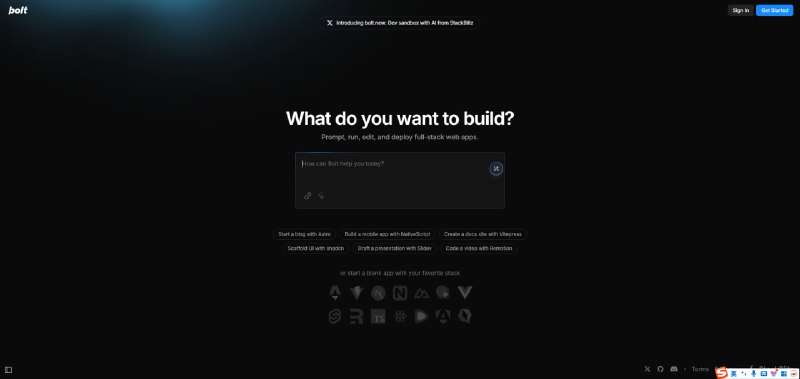一个由AI支持的Web开发工具，允许用户在浏览器中提示、运行、编辑和部署全栈应用程序，且无需本地设置