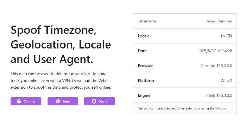 #插件 #隐私 #开源 Vytal 浏览器信息伪装插件，支持伪装时区、地理位置、语言区域和 User-Agent 等，并利用 chrome.debugger API 实现更深层次的伪装，覆盖 iframe、Web Worker 和页面加载初期，降低被检测风险，无法改变 IP 地址，不过挂代理就可以了，免费开源，无需注册