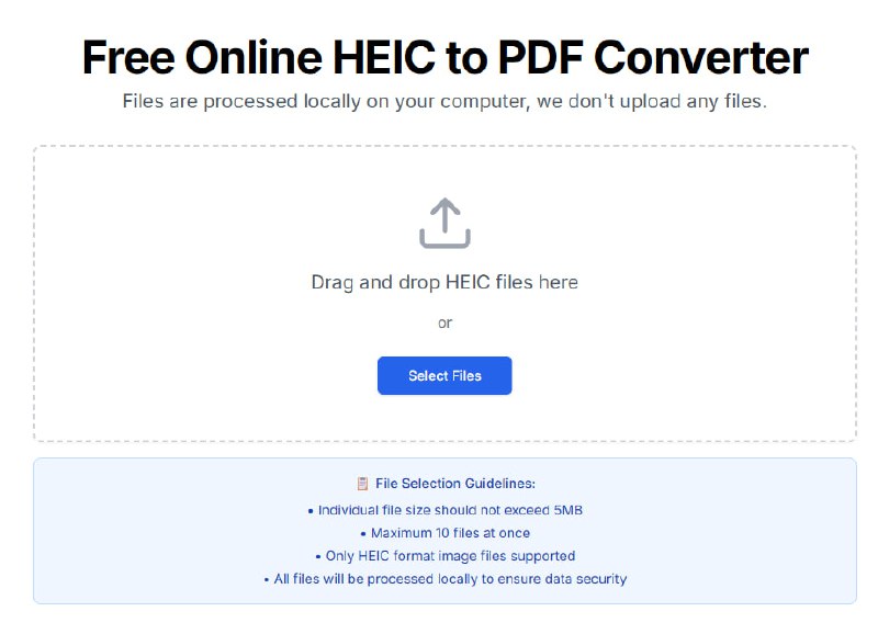 #格式转换 #HEIC #PDF HEIC TO PDF HEIC 照片转 PDF 工具，照片大小需 ≤ 5 MB，一次可最多处理 10 张，并自动生成预览，可按需选择“合并为单个 PDF”或“分别生成多个 PDF”，完全浏览器本地运行，免费无水印，无需登陆