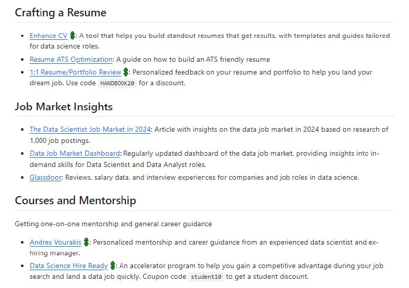 为数据科学爱好者提供的学习资源库，包含从入门到进阶的各类免费和付费资源，助力数据科学家学习成长和职业发展Data Scientist Handbook 2024 | #手册为数据科学爱好者提供的学习资源库，包含从入门到进阶的各类免费和付费资源，助力数据科学家学习成长和职业发展Data Scientist Handbook 2024 | #手册