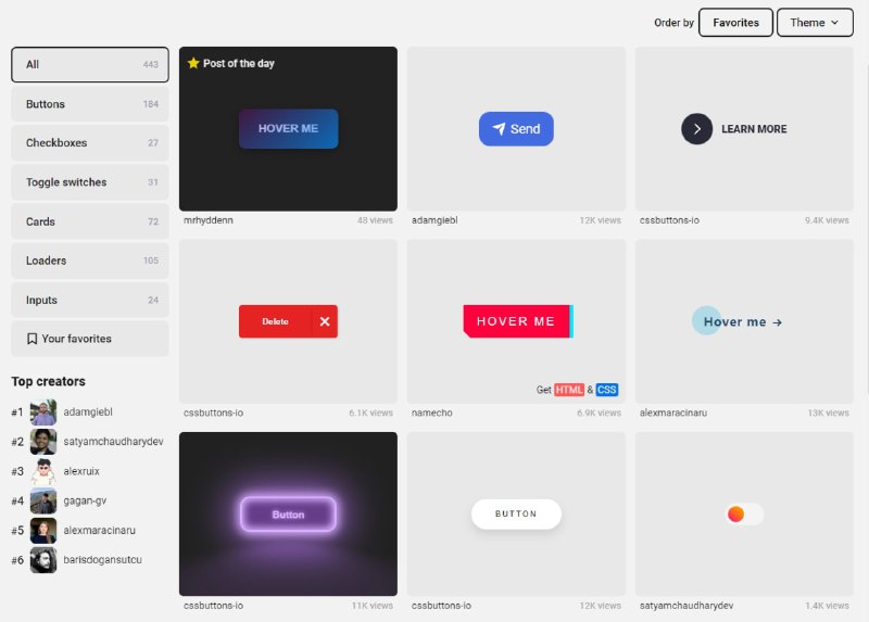 开源前端 UI 代码拷贝库这个网站按控件对很多漂亮的前端 UI 效果进行归类整理，前端工程师可以直接拷贝代码拿来直接用，支持在线调整预览效果UIVERSE.IO