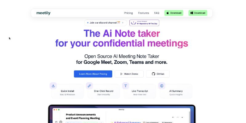 🟢 本地AI会议助手MeetilyMeetily是基于Rust开发的开源自托管AI会议助手，核心功能包括4倍速的Parakeet/Whisper实时转录、说话人分离，以及基于Ollama的会议纪要生成，所有数据处理均在本地完成，无需云端服务