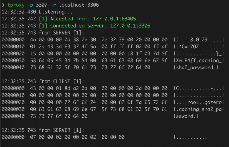 简单易用的TCP连接（池）调试工具 通过tproxy我们可以接受任意TCP请求，然后转发到我们实际的TCP服务上，借此我们可以详细分析连接的建连、断连情况，可以理解各种参数对连接或者连接池的影响，可以帮助我们理解各种协议（HTTP2, gRPC，Redis, MySQL）的工作原理tproxy | #工具