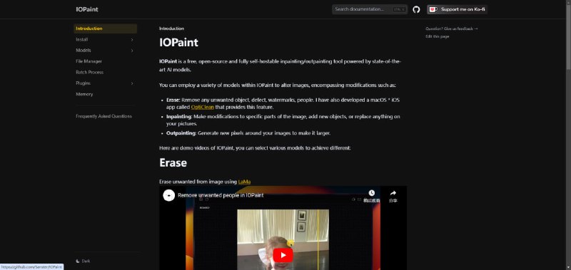 IOPaint⭐️  项目功能：图像修复📁  项目简介：一个基于最先进的人工智能模型的图像修复工具，可以从图片中去除不需要的物体、缺陷或人物，或者使用稳定扩散技术替换和修复图像中的内容