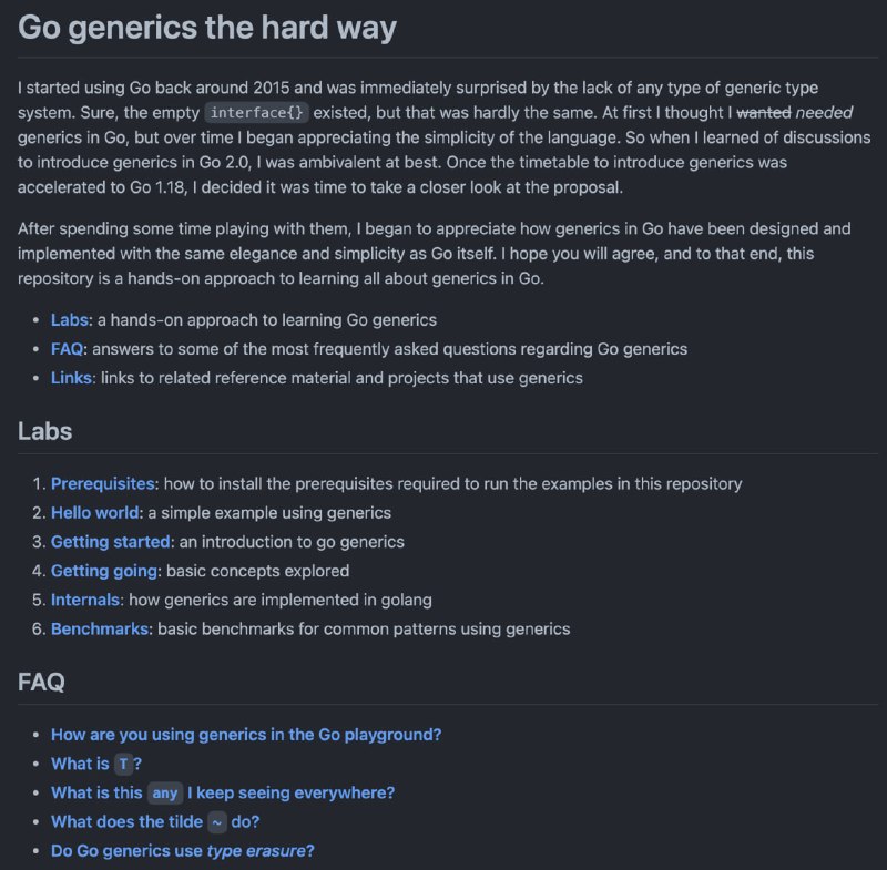 GitHub 上的 Go 语言开源技术教程：《笨方法学 Go 泛型》（Go generics the hard way）