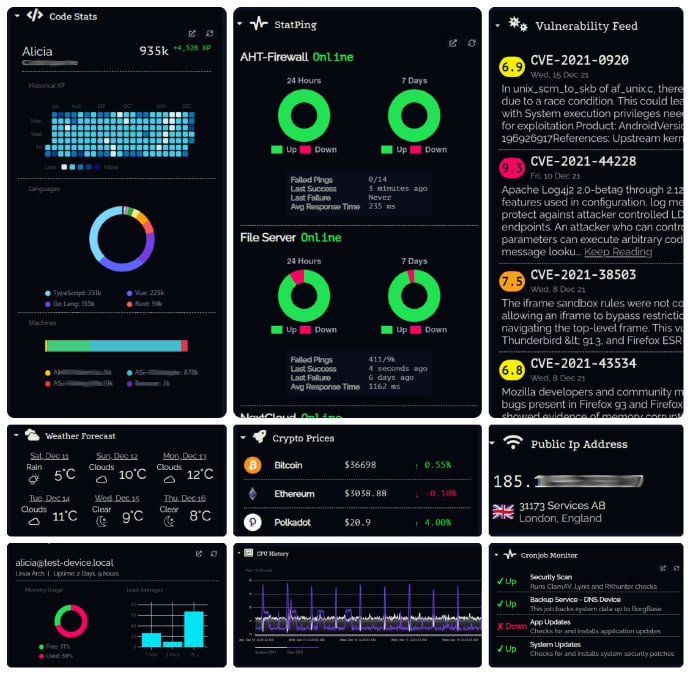 一个高度可定制化、自托管的服务器启动页构建工具，自带可视化编辑器、状态检测系统，并拥有各类丰富的组件及主题借助该工具，便可为不同应用快速搭建一个服务器管理面板，并基于各种组件、图标、主题，完成自定义配置，项目内置身份验证、状态监测、搜索、备份、可视化配置、多语言支持等功能Dashy | 现场实例：现场演示 | 虚链接 | 开发预览 | #工具