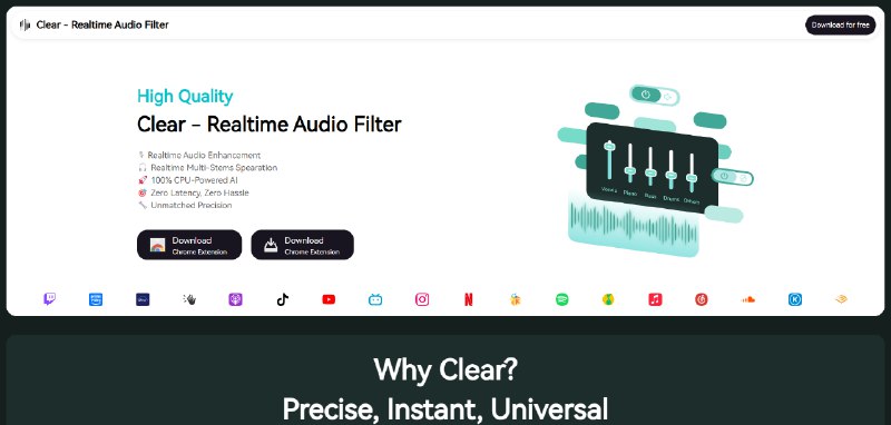 #音频 #录音 #插件 有道 Clear 网易有道推出的实时音频降噪工具，可用于提升在线会议、录音和直播等场景下的音频质量，100% 由 CPU 驱动，支持多种音频输入方式，能够有效过滤背景噪音，如键盘声、环境噪声等，提供清晰的语音输出