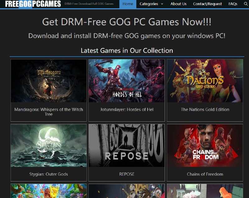 #游戏 #GOG Free GOG PC Games GOG 游戏的非官方资源站，专注于整理和分享 DRM-Free 的完整游戏版本，无需激活或联网即可游玩，下载方式为磁力或种子，可按类型、年份或字母排序浏览，完全免费，无需注册