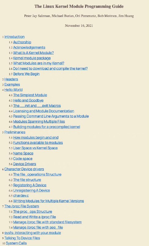 GitHub上的开源技术教程：《Linux 内核模块编程指南》主要讲解 #Linux 内核模块简介、模块交互、系统调用、阻塞进程和线程、调度任务、中断处理程序等内容