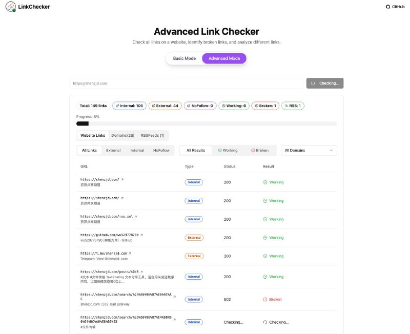 #链接 #检测 #开源 LinkChecker 网站链接有效性检测工具，可用于检测网站内外部链接的有效性，实时识别失效与正常链接，明确区分内部和外部目标，并按域名分组统计引用频次，支持 RSS 源的发现与验证，免费使用，无需注册