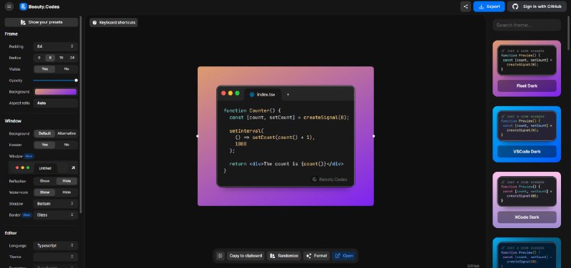 #工具推荐 Beauty.Codes 天天写代码，总有一些代码需要分享，Beauty.Codes 可以帮你给代码生成漂亮的截图，并保存为 Snippet ，方便日后查找