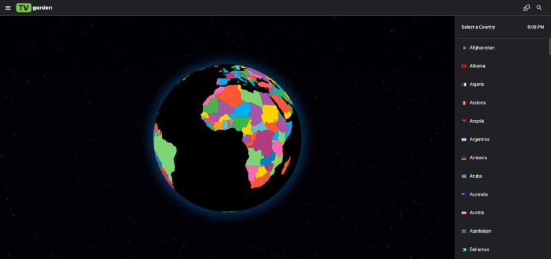 #TV TV Garden 全球电视直播在线观看，涵盖新闻、体育、娱乐、文化等 多种频道，可通过 3D 地球选择地区，也支持播放随机频道，直播源来自 GitHub IPTV 社区，免费无广告，无需注册