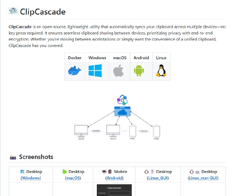 ClipCascade 是一款轻量级工具，可使用端到端加密技术在设备间自动同步剪贴板，安全有保障