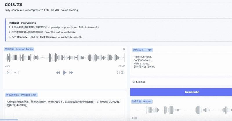 #dots.tts #文本转语音 #语音克隆 #本地部署 #可商用 #TGAgent本次更新发布dots.tts文本转语音克隆整合包，仅需数秒录音即可克隆音色，支持多语言输出与语气复刻，可免费商用