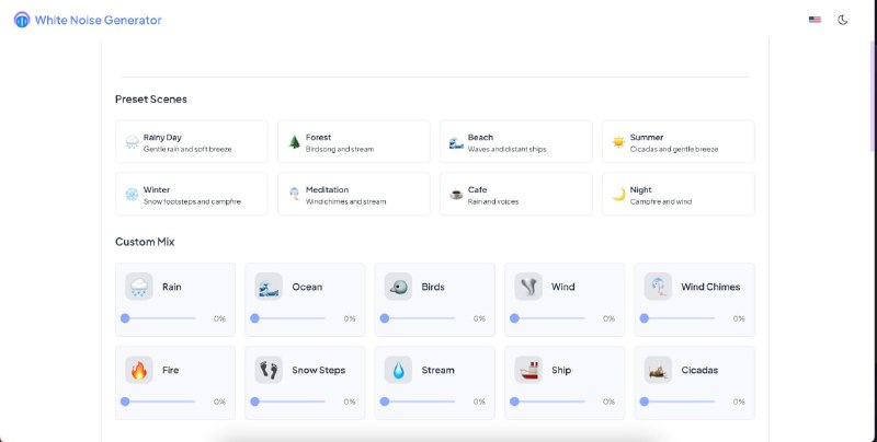 White Noise Generator 一个简单易用的在线白噪音生成器旨在帮助用户提高专注力、放松心情，或者用作睡眠音效