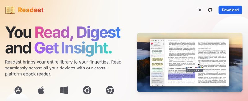 #电子书 #阅读 #开源 Readest 电子书阅读器，支持 EPUB、MOBI、AZW3、PDF 等格式，支持分页/滚动阅读、注释和笔记、全文搜索、翻译、朗读、双屏平行阅读、个性化排版等，另外支持 500MB 的同步空间，可以同步书籍、阅读记录、笔记等，全平台支持，免费开源