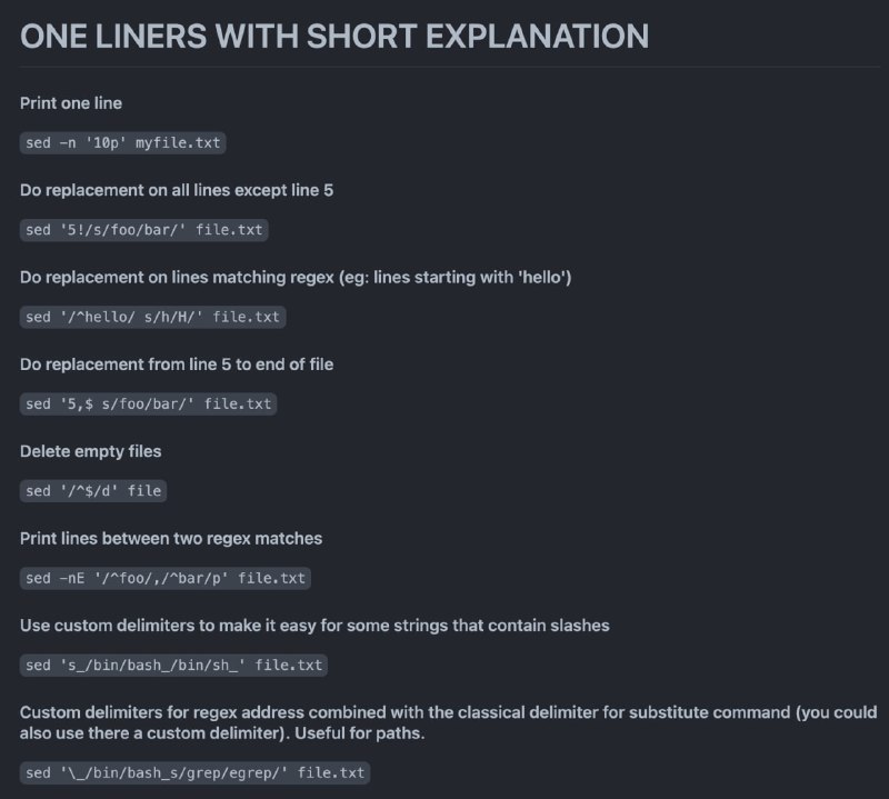 Linux sed #命令行 常用汇总：useful-sed，收集了 sed 命令行的诸多常见用法，可用于快速处理文本文件