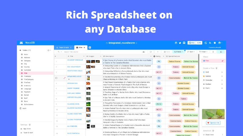 NocoDB：Airtable的开源替代品，将 MySQL、PostgreSQL、SQL Server、SQLite 或 MariaDB 转换为在线智能电子表格特征丰富的电子表格界面1.轻松搜索、排序、过滤、隐藏列2.创建视图：网格、画廊、看板、表格3.共享视图：公共和密码保护4.个人和锁定视图5.将图像上传到单元格（适用于 S3、Minio、GCP、Azure、DigitalOcean、Linode、OVH、BackBlaze）6.角色：所有者、创建者、编辑者、查看者、评论者、自定义角色