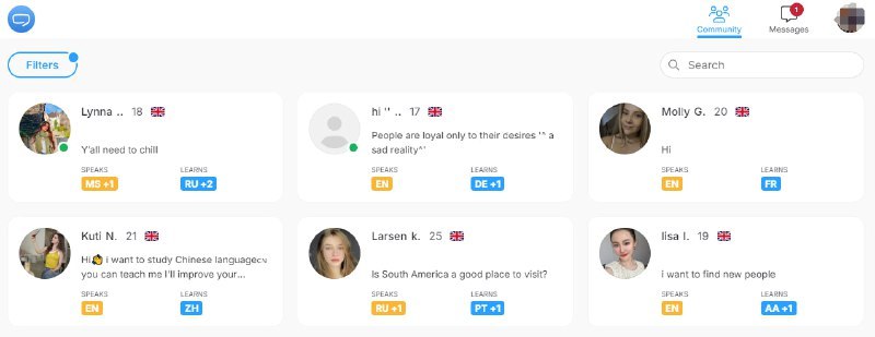 #英语 #语言交换 Speaky 语言交换网站，可以寻找一起练习外语的搭子，比如母语是英语的中文学习者，相互帮助学习，我之前就有一些外国朋友是在这里找到的，有几个还在保持联系，可以按照语言、国家、性别、年龄进行筛选，完全免费，需要注册