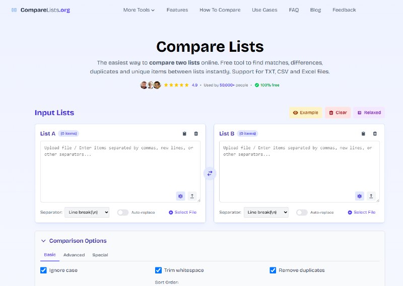 免费的在线工具，可以立即比较两个列表并找到匹配项、差异和独特项目