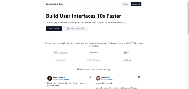 一款能将截图转换成干净代码的工具，支持HTML、Tailwind、React、Vue等，让你的设计图快速变成网页