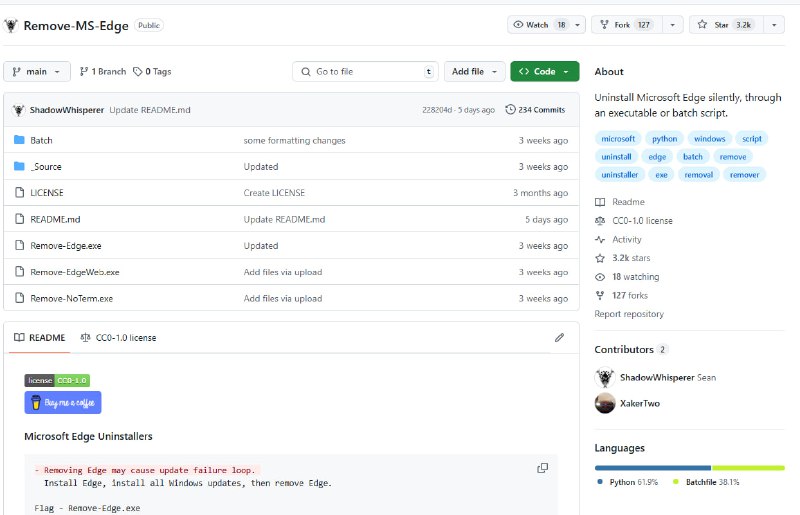 Uninstall Microsoft Edge silently, through an executable or batch script.