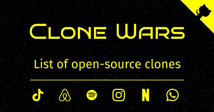 Clone Wars，这个GitHub项目收录了100多个知名网站的克隆项目，包含教程、源码、Demo 演示、技术栈等内容，非常适合开发者研究学习Clone Wars，这个GitHub项目收录了100多个知名网站的克隆项目，包含教程、源码、Demo 演示、技术栈等内容，非常适合开发者研究学习