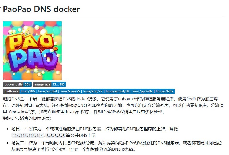 #DNS 一键部署递归DNS的docker镜像，它使用了unbound作为递归服务器程序，使用Redis作为底层缓存，此外针对China大陆，还有智能根据CN分流加密查询的功能，也可以自定义分流列表，可以自动更新IP库，分流使用了mosdns程序，加密查询使用dnscrypt程序，针对IPv4/IPv6双栈用户也有优化处理