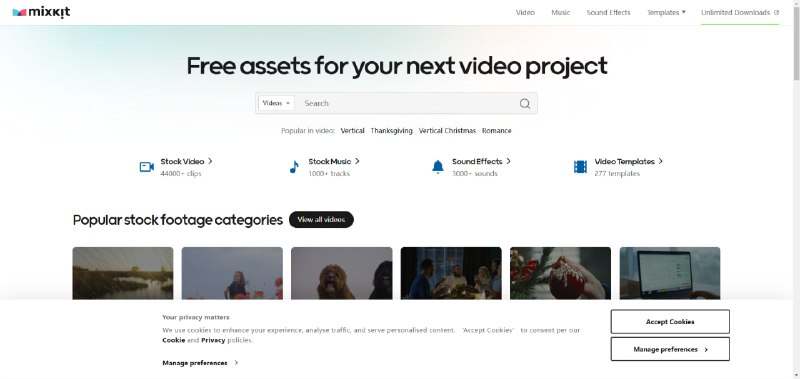个提供免费且可商用的 4K 视频素材网站，可以免费下载高质量的库存视频、音乐、音效和视频模板