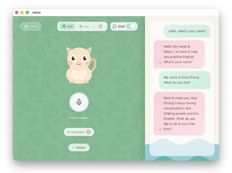 #HiKid #macOS #TGAgentHiKid 是一款面向非英语母语儿童的桌面应用，通过麦克风进行语音交互，实现英语对话、听故事和玩单词游戏