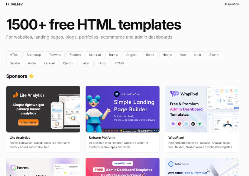 #前端开发 #独立开发站点名称: Free HTML Website Templates on HTMLrev描述: 发现使用普通 CSS、Bootstrap、Tailwind、Angular、React、Vue、Nextjs、Nuxt、Svelte、Gatsby、Astro 和 Laravel 构建的免费 HTML 网站模板
