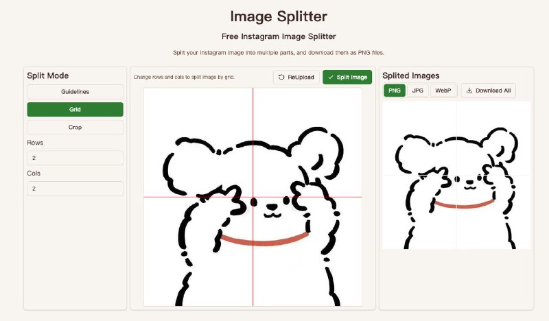 #图片 #分割 Image Splitter 图片分割工具，支持网格、裁剪、自由分割三种方式，适用于 PNG、JPG、WebP 格式，最大支持 10MB ，分割完成后可下载单张，也可打包下载，完全免费，无需注册