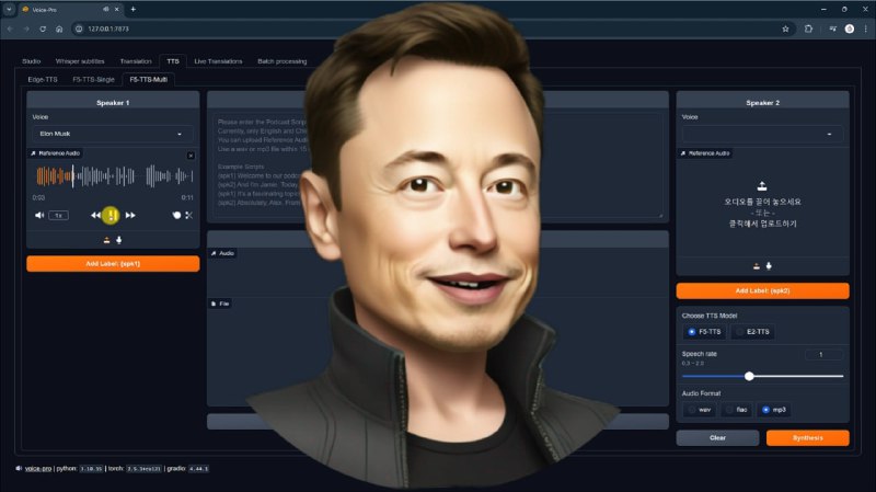 一款基于Gradio Web UI的语音识别、翻译和TTS的语音一体化处理工具，支持实时转录、翻译，一键安装特点：1、提供YouTube下载器、噪音去除、字幕、翻译和TTS的集成环境2、支持100种语言的语音识别和字幕创建，可翻译成100多种语言并通过TTS生成语音，可调整TTS语音速度、音量和音调3、原始视频的背景音乐和音效在多语言视频中保持不变4、支持批量处理