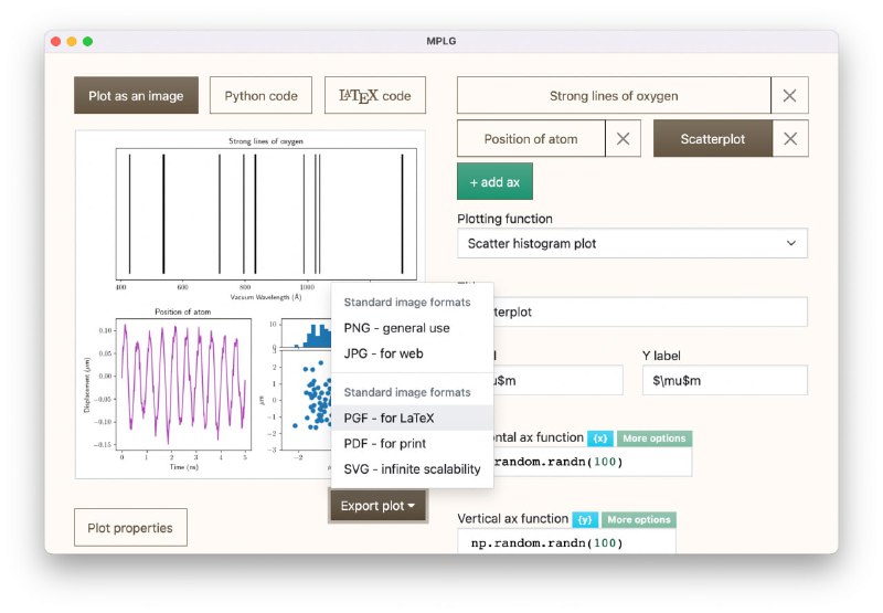 一款比较实用的 Matplotlib 客户端：MPLG，支持可视化设计并绘制图形，并将图形导出成 PNG、PDF、SVG 等文件格式
