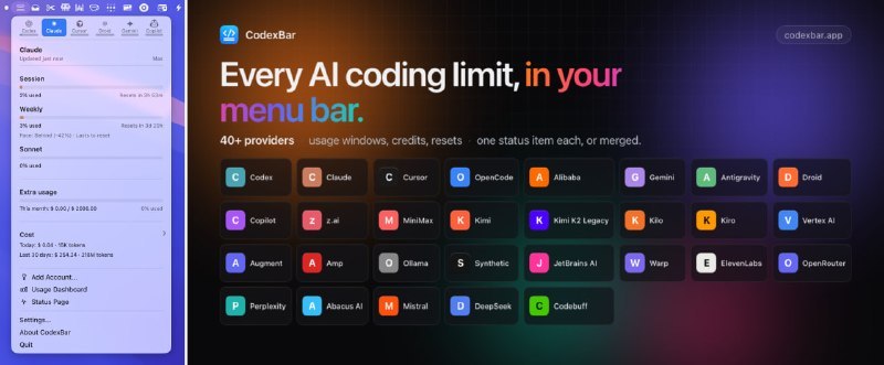 #CodexBar #用量监控 #macOS #CLI #TGAgentCodexBar 是一款开源的 AI 编程工具用量监控软件，支持在系统菜单栏实时展示 Claude Code、Cursor、Copilot 等 40 多个服务的额度、余额及重置倒计时