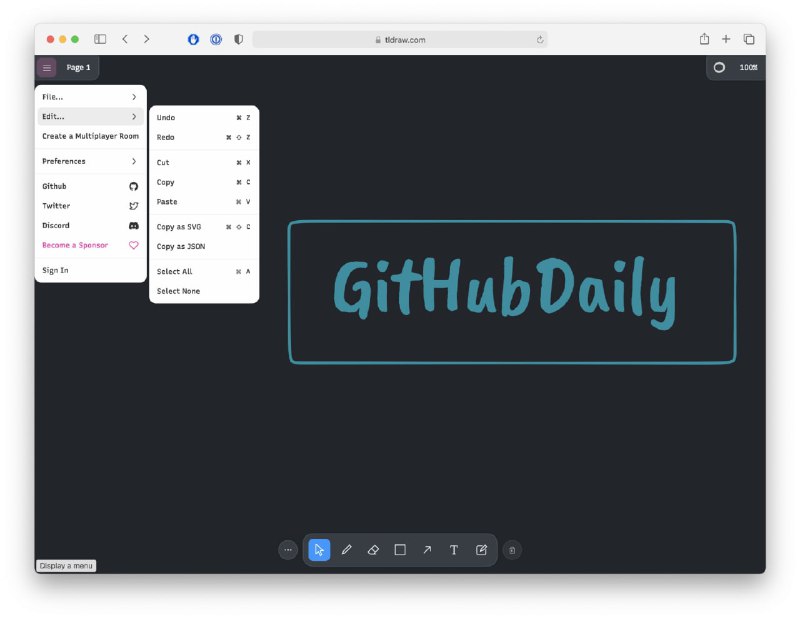 GitHub 上一个轻量级，功能强大的绘画 App：tldraw，自带画笔、橡皮、线框、文字等工具，用户可自定义画笔颜色、线框样式等