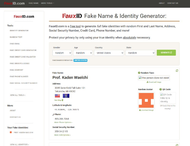 FauxID - 假名与身份信息生成器一款免费工具，可以生成包含随机的姓氏、名字、地址、社会保险号、信用卡、电话号码等完整假身份！