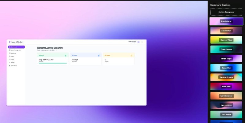 #图片 #背景 #卡片 Moocup 为图片添加渐变背景的工具，支持图片旋转和倾斜，营造 3D 立体效果，支持自定义图片位置和表框，提供多种渐变背景选项，可导出为 JPG、PNG、WebP 格式，完全免费，无需注册