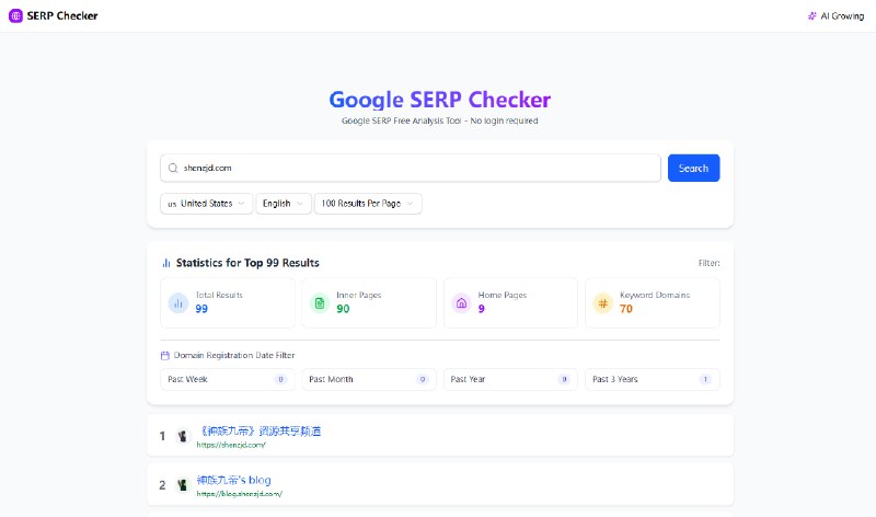 #SEO #Google Google SERP Checker Google 搜索结果分析工具，输入关键词，即可显示前 100 条结果，且每条结果都有访问量、排名、注册时间等信息，非常适合进行关键词排名检查、竞争对手分析和 SEO 策略制定，做海外站运营的可以看看，免费使用，无需注册