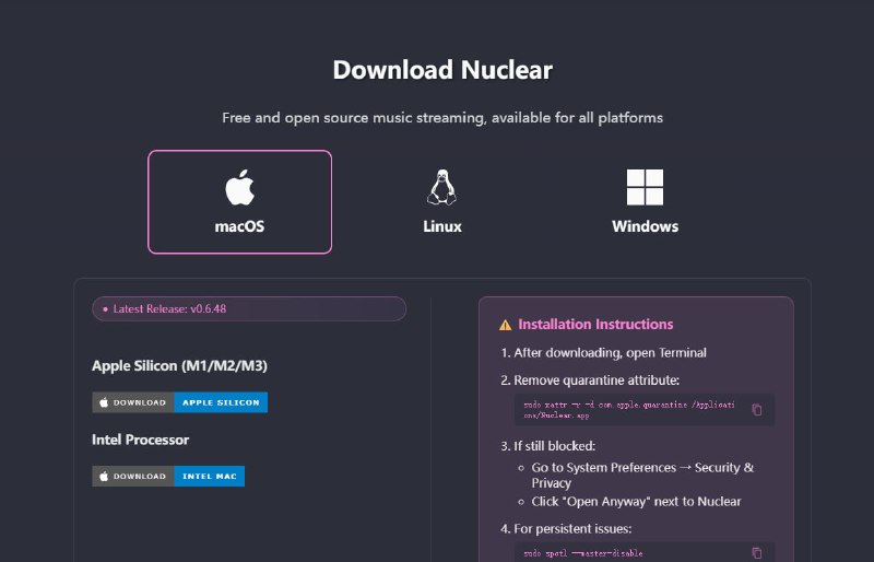 #音乐 #播放器 #开源 Nuclear Music Player 免费音乐流媒体播放器，可搜索和播放 YouTube、Jamendo、Audius 和 SoundCloud上的音乐，搜索专辑、专辑视图、根据艺术家和曲目名称自动查找歌曲，支持无限下载、实时歌词、喜欢曲目、广播模式、抓取到 last.fm、按类型浏览等功能，免费无广告，无需注册